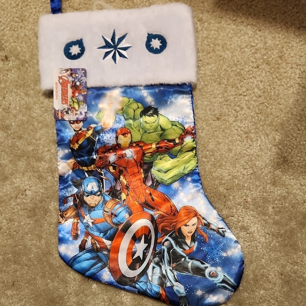 Marvel Super Hero Christmas Stocking Blue White Holiday Hulk Iron Man